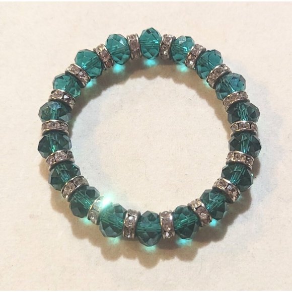Green Glass Faceted Beaded Stretch Bracelet Silver Tone 7 in Expandable - Picture 4 of 4